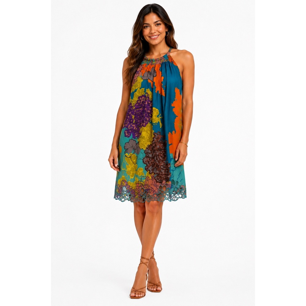 Janet Paris Halter Mini Dress Size S Multi-Color Floral Ribbon Applique Eyelet